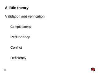 A little theory

 Validation and verification


     Completeness


     Redundancy


     Conflict


     Deficiency


22
 