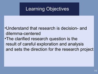 Learning Objectives 3- Understand that research is decision- and  dilemma-centered The clarified research question is the  result of careful exploration and analysis  and sets the direction for the research project 