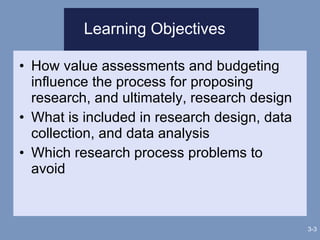Learning Objectives How value assessments and budgeting influence the process for proposing research, and ultimately, research design What is included in research design, data collection, and data analysis Which research process problems to avoid 3- 