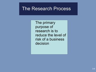 The Research Process The primary purpose of research is to reduce the level of risk of a business decision 3- 