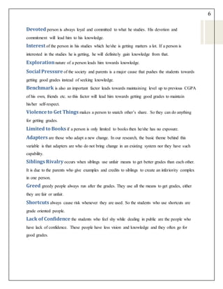 6
Devoted person is always loyal and committed to what he studies. His devotion and
commitment will lead him to his knowledge.
Interest of the person in his studies which he/she is getting matters a lot. If a person is
interested in the studies he is getting, he will definitely gain knowledge from that.
Explorationnature of a person leads him towards knowledge.
Social Pressure of the society and parents is a major cause that pushes the students towards
getting good grades instead of seeking knowledge.
Benchmark is also an important factor leads towards maintaining level up to previous CGPA
of his own, friends etc. so this factor will lead him towards getting good grades to maintain
his/her self-respect.
Violence to Get Things makes a person to snatch other’s share. So they can do anything
for getting grades.
Limited to Books if a person is only limited to books then he/she has no exposure.
Adapters are those who adapt a new change. In our research, the basic theme behind this
variable is that adapters are who do not bring change in an existing system nor they have such
capability.
Siblings Rivalry occurs when siblings use unfair means to get better grades than each other.
It is due to the parents who give examples and credits to siblings to create an inferiority complex
in one person.
Greed greedy people always run after the grades. They use all the means to get grades, either
they are fair or unfair.
Shortcuts always cause risk whenever they are used. So the students who use shortcuts are
grade oriented people.
Lack of Confidence the students who feel shy while dealing in public are the people who
have lack of confidence. These people have less vision and knowledge and they often go for
good grades.
 
