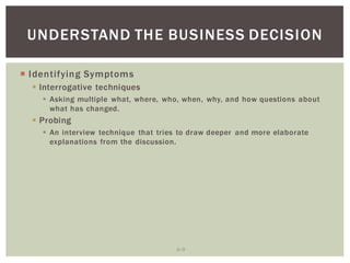 6 9
UNDERSTAND THE BUSINESS DECISION
Identifying Symptoms
Interrogative techniques
Asking multiple what, where, who, when, why, and how questions about
what has changed.
Probing
An interview technique that tries to draw deeper and more elaborate
explanations from the discussion.
 