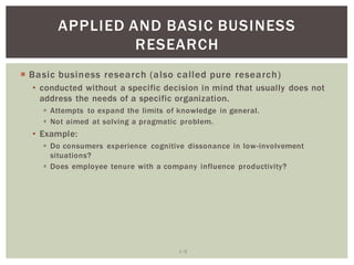 1 8
APPLIED AND BASIC BUSINESS
RESEARCH
Basic business research (also called pure research)
conducted without a specific decision in mind that usually does not
address the needs of a specific organization.
Attempts to expand the limits of knowledge in general.
Not aimed at solving a pragmatic problem.
Example:
Do consumers experience cognitive dissonance in low-involvement
situations?
Does employee tenure with a company influence productivity?
 