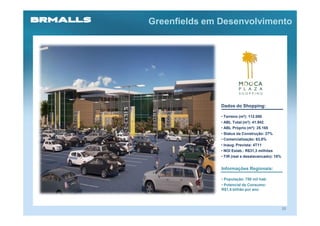 Greenfields em Desenvolvimento




               Dados do Shopping:

               • Terreno (m²): 112.000
               • ABL Total (m²): 41.942
               • ABL Próprio (m²): 25.165
               • Status da Construção: 27%
               • Comercialização: 63,8%
               • Inaug. Prevista: 4T11
               • NOI Estab.: R$31,3 milhões
               • TIR (real e desalavancado): 18%


               Informações Regionais:

               • População: 750 mil hab.
               • Potencial de Consumo:
               R$1,5 bilhão por ano




                                                   26
 