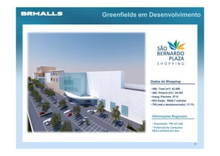 Greenfields em Desenvolvimento




              Dados do Shopping:

              • ABL Total (m²): 42.586
              • ABL Próprio (m²): 25.552
              • Inaug. Prevista: 2T12
              • NOI Estab.: R$28,7 milhões
              • TIR (real e desalavancado): 17,1%



               Informações Regionais:

               • População: 750 mil hab.
               • Potencial de Consumo:
               R$4,2 bilhões por ano




                                                28
 