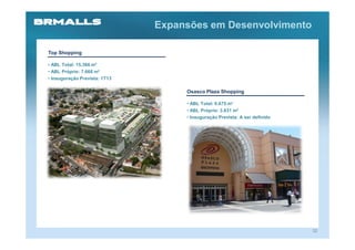 Expansões em Desenvolvimento

Top Shopping

• ABL Total: 15.366 m²
• ABL Próprio: 7.668 m²
• Inauguração Prevista: 1T13

                                    Osasco Plaza Shopping

                                    • ABL Total: 9.675 m²
                                    • ABL Próprio: 3.831 m²
                                    • Inauguração Prevista: A ser definido




                                                                             32
 