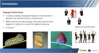 Conclusion
15
Shaping IT of the Future
• In today’s rapidly changing landscape in the business in
general, the industry’s focus is ‘Reinvention’
• BRMs and EAs are two strategic roles who have to work
together in order to re-invent the digital enterprise
• Is it easy ? Together Everyone Achieve More
 