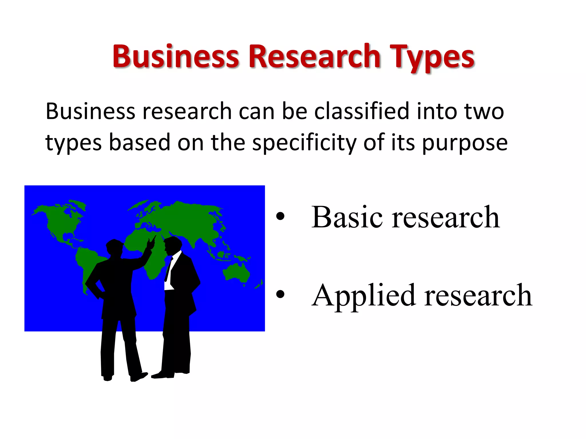 • Basic research
• Applied research
Business Research Types
Business research can be classified into two
types based on the specificity of its purpose
 