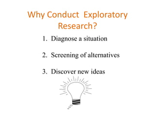 1. Diagnose a situation
2. Screening of alternatives
3. Discover new ideas
Why Conduct Exploratory
Research?
 
