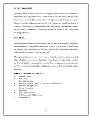 10
OPERATIONAL RISK
Operational risk is one area of risk that is faced by all organizations. More complex the
organization more exposed it would be operational risk. This risk arises due to deviation
from normal and planned functioning of the system procedures, technology and human
failure of omission and commission. Result of deviation from normal functioning is
reflected in the revenue of the organization, either by the way of additional expenses or
by way of loss of opportunity. Technical breakdown and change in staff also account
for the operational risk.
CREDIT RISK
Credit risk is defined as the potential that a bank borrower or counterparty will fail to
meet its obligations in accordance with agreed terms, or in other words it is defined as
the risk that a firm’s customer and the parties to which it has lent money will fail to
make promised payments is known as credit risk.
The exposure to the credit risks large in case of financial institutions, such commercial
banks when firms borrow money they in turn expose lenders to credit risk, the risk that
the firm will default on its promised payments. As a consequence, borrowing exposes
the firm owners to the risk that firm will be unable to pay its debt and thus be forced to
bankruptcy.
CONTRIBUTORS OF CREDIT RISK
• Corporate assets
• Retail assets
• Non-SLR portfolio
• In case of guarantees, Letter of credit and Letter of comfort
• Securities trading business
• Treasury operations
• Derivatives
• Cross border exposure
• Collaterals accepted by the bank
• Settlement, etc
 