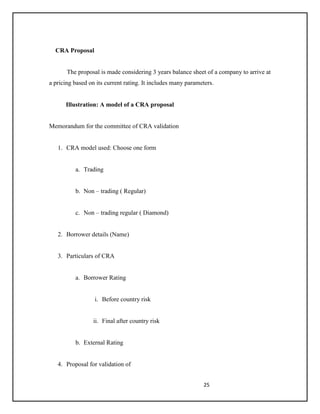 25
CRA Proposal
The proposal is made considering 3 years balance sheet of a company to arrive at
a pricing based on its current rating. It includes many parameters.
Illustration: A model of a CRA proposal
Memorandum for the committee of CRA validation
1. CRA model used: Choose one form
a. Trading
b. Non – trading ( Regular)
c. Non – trading regular ( Diamond)
2. Borrower details (Name)
3. Particulars of CRA
a. Borrower Rating
i. Before country risk
ii. Final after country risk
b. External Rating
4. Proposal for validation of
 