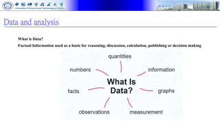 Data and analysis
What is Data?
Factual Information used as a basis for reasoning, discussion, calculation, publishing or decision making
 