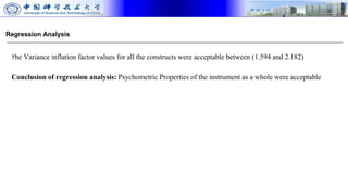 Regression Analysis
The Variance inflation factor values for all the constructs were acceptable between (1.594 and 2.182)
Conclusion of regression analysis: Psychometric Properties of the instrument as a whole were acceptable
 
