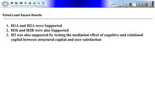 Partial Least Square Results
1. H1A and H2A were Supported
2. H1b and H2B were also Supported
3. H3 was also supported by testing the mediation effect of cognitive and relational
capital between structural capital and user satisfaction
 