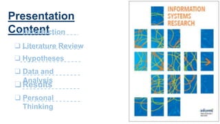 Presentation
Content
❑ Introduction
❑ Literature Review
❑ Hypotheses
❑ Data and
Analysis
❑ Personal
Thinking
❑Results
 