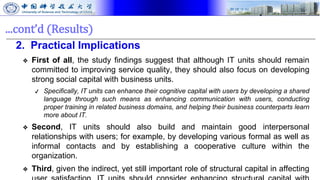 ...cont’d (Results)
2. Practical Implications
❖ First of all, the study findings suggest that although IT units should remain
committed to improving service quality, they should also focus on developing
strong social capital with business units.
✔ Specifically, IT units can enhance their cognitive capital with users by developing a shared
language through such means as enhancing communication with users, conducting
proper training in related business domains, and helping their business counterparts learn
more about IT.
❖ Second, IT units should also build and maintain good interpersonal
relationships with users; for example, by developing various formal as well as
informal contacts and by establishing a cooperative culture within the
organization.
❖ Third, given the indirect, yet still important role of structural capital in affecting
 