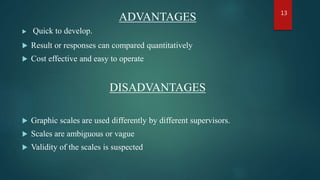 ADVANTAGES
 Quick to develop.
 Result or responses can compared quantitatively
 Cost effective and easy to operate
DISADVANTAGES
 Graphic scales are used differently by different supervisors.
 Scales are ambiguous or vague
 Validity of the scales is suspected
13
 