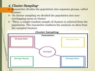4. Cluster Sampling-
 -Researcher divides the population into separate groups, called
clusters
 -In cluster sampling we divided the population into non-
overlapping areas or cluster
 -Then, a simple random sample of clusters is selected from the
population. The researcher conducts his analysis on data from
the sampled clusters.
 