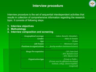 Interview procedure
Interview procedure is the set of sequential interdependent activities that
results in collection of comprehensive information regarding the research
topic. It consists of following steps
1. Interview objectives
2. Methodology
3. Interview composition and screening
Geographical coverage: Lahore, Karachi, Islamabad, ,
Gender: -Males & Females
Age: - 25 plus
Job Tenure: - Minimum 3 years
Positions in organizations - faculty members (minimum lecturer)
Usage Pre-requisites: - 20% Inter level
- 30% Bachelors level
- 50% Masters level
Organization type -Private or Public -
(Private must be affiliated educational
institute, college, University(HEC
recognized)
 