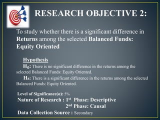 RESEARCH OBJECTIVE 2:
To study whether there is a significant difference in
Returns among the selected Balanced Funds:
Equity Oriented
Hypothesis
H₀: There is no significant difference in the returns among the
selected Balanced Funds: Equity Oriented.
Hа: There is a significant difference in the returns among the selected
Balanced Funds: Equity Oriented.
Level of Significance(α): 5%
Nature of Research : 1st Phase: Descriptive
2nd Phase: Causal
Data Collection Source : Secondary
 
