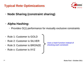 Typical Rete Optimizations

     ●   Node Sharing (constraint sharing)


     ●   Alpha Hashing:
          ●   Provides O(...
