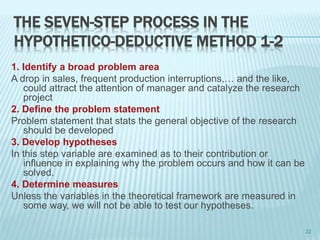 THE SEVEN-STEP PROCESS IN THE
HYPOTHETICO-DEDUCTIVE METHOD 1-2
1. Identify a broad problem area
A drop in sales, frequent production interruptions,… and the like,
could attract the attention of manager and catalyze the research
project
2. Define the problem statement
Problem statement that stats the general objective of the research
should be developed
3. Develop hypotheses
In this step variable are examined as to their contribution or
influence in explaining why the problem occurs and how it can be
solved.
4. Determine measures
Unless the variables in the theoretical framework are measured in
some way, we will not be able to test our hypotheses.
22
 