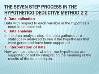 THE SEVEN-STEP PROCESS IN THE
HYPOTHETICO-DEDUCTIVE METHOD 2-2
5. Data collection
Data with respect to each variable in the hypothesis
need to be obtained.
6. Data analysis
In the data analysis step, the data gathered are
statistically analyzed to see if the hypotheses that
were generated have been supported
7. Interpretation of data
Now we must decide whether our hypotheses are
supported or not by interpreting the meaning of the
results of the data analysis.
23
 