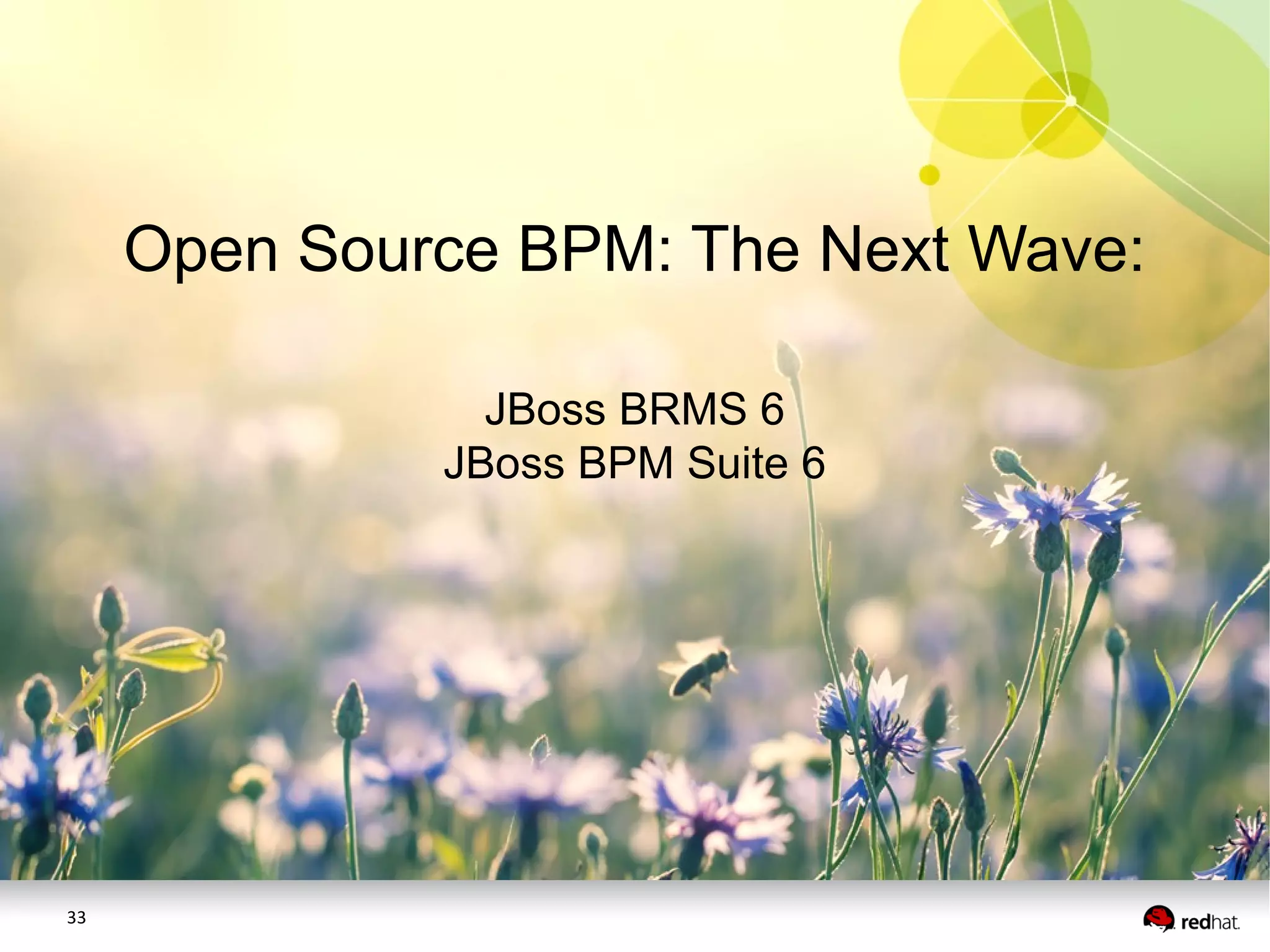 33
Open Source BPM: The Next Wave:
JBoss BRMS 6
JBoss BPM Suite 6
 