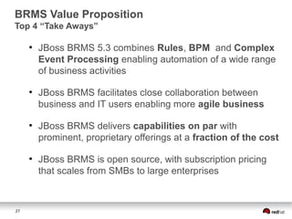 27
BRMS Value Proposition
Top 4 “Take Aways”
●
JBoss BRMS 5.3 combines Rules, BPM and Complex
Event Processing enabling automation of a wide range
of business activities
●
JBoss BRMS facilitates close collaboration between
business and IT users enabling more agile business
●
JBoss BRMS delivers capabilities on par with
prominent, proprietary offerings at a fraction of the cost
●
JBoss BRMS is open source, with subscription pricing
that scales from SMBs to large enterprises
 