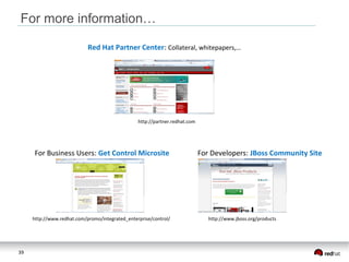 39
For more information…
Red Hat Partner Center: Collateral, whitepapers,…
http://partner.redhat.com
For Business Users: Get Control Microsite For Developers: JBoss Community Site
http://www.jboss.org/productshttp://www.redhat.com/promo/integrated_enterprise/control/
 