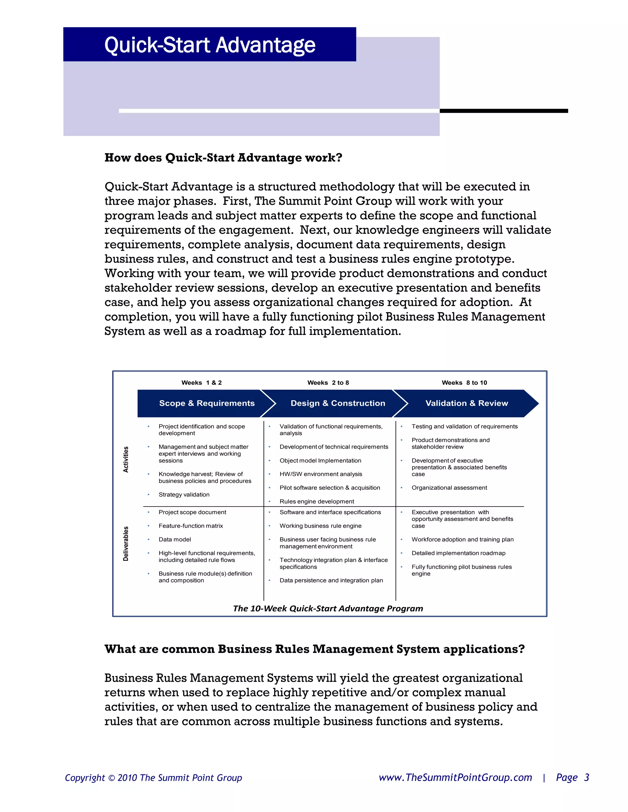 Quick-Start Advantage



        How does Quick-Start Advantage work?

        Quick-Start Advantage is a structured methodology that will be executed in
        three major phases. First, The Summit Point Group will work with your
        program leads and subject matter experts to define the scope and functional
        requirements of the engagement. Next, our knowledge engineers will validate
        requirements, complete analysis, document data requirements, design
        business rules, and construct and test a business rules engine prototype.
        Working with your team, we will provide product demonstrations and conduct
        stakeholder review sessions, develop an executive presentation and benefits
        case, and help you assess organizational changes required for adoption. At
        completion, you will have a fully functioning pilot Business Rules Management
        System as well as a roadmap for full implementation.



                                       Weeks 1 & 2                                 Weeks 2 to 8                                   Weeks 8 to 10


                               Scope & Requirements                          Design & Construction                          Validation & Review

                           •   Project identification and scope      •   Validation of functional requirements,    •   Testing and validation of requirements
                               development                               analysis
                                                                                                                   •   Product demonstrations and
                           •   Management and subject matter         •   Development of technical requirements         stakeholder review
            Activities




                               expert interviews and working
                               sessions                              •   Object model Implementation               •   Development of executive
                                                                                                                       presentation & associated benefits
                           •   Knowledge harvest; Review of          •   HW/SW environment analysis                    case
                               business policies and procedures
                                                                     •   Pilot software selection & acquisition    •   Organizational assessment
                           •   Strategy validation
                                                                     •   Rules engine development
                           •   Project scope document                •   Software and interface specifications     •   Executive presentation with
                                                                                                                       opportunity assessment and benefits
                           •   Feature-function matrix               •   Working business rule engine                  case
            Deliverables




                           •   Data model                            •   Business user facing business rule        •   Workforce adoption and training plan
                                                                         management environment
                           •   High-level functional requirements,                                                 •   Detailed implementation roadmap
                               including detailed rule flows         •   Technology integration plan & interface
                                                                         specifications                            •   Fully functioning pilot business rules
                           •   Business rule module(s) definition                                                      engine
                               and composition                       •   Data persistence and integration plan




                                                          The 10-Week Quick-Start Advantage Program



        What are common Business Rules Management System applications?

        Business Rules Management Systems will yield the greatest organizational
        returns when used to replace highly repetitive and/or complex manual
        activities, or when used to centralize the management of business policy and
        rules that are common across multiple business functions and systems.



Copyright © 2010 The Summit Point Group                                                                       www.TheSummitPointGroup.com | Page 3
 