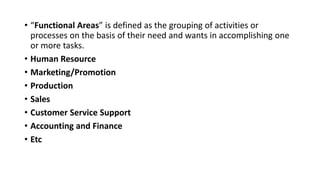 • “Functional Areas” is defined as the grouping of activities or
processes on the basis of their need and wants in accomplishing one
or more tasks.
• Human Resource
• Marketing/Promotion
• Production
• Sales
• Customer Service Support
• Accounting and Finance
• Etc
 