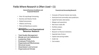 General Business Conditions and
Corporate Research
• Short- & Long-Range Forecasting,
• Business and Industry Trends
• Global Environments
• Inflation and Pricing
• Plant and Warehouse Location
• Acquisitions
Financial and Accounting Research
• Forecasts of financial interest rate trends,
• Stock,bond and commodity value predictions
• Capital formation alternatives
• Mergers and acquisitions
• Risk-return trade-offs
• Portfolio analysis
• Impact of taxes
• Research on financial institutions
• Expected rate of return
• Capital asset pricing models
• Credit risk
• Cost analysis
Fields Where Research is Often Used – (1)
Management and Organizational
Behaviour Research
• Total Quality Management
• Morale and Job Satisfaction
• Leadership Style
• Employee Productivity
• Organizational Effectiveness
• Structural ssues
• Absenteeism and turnover
• Organizational Climate
 