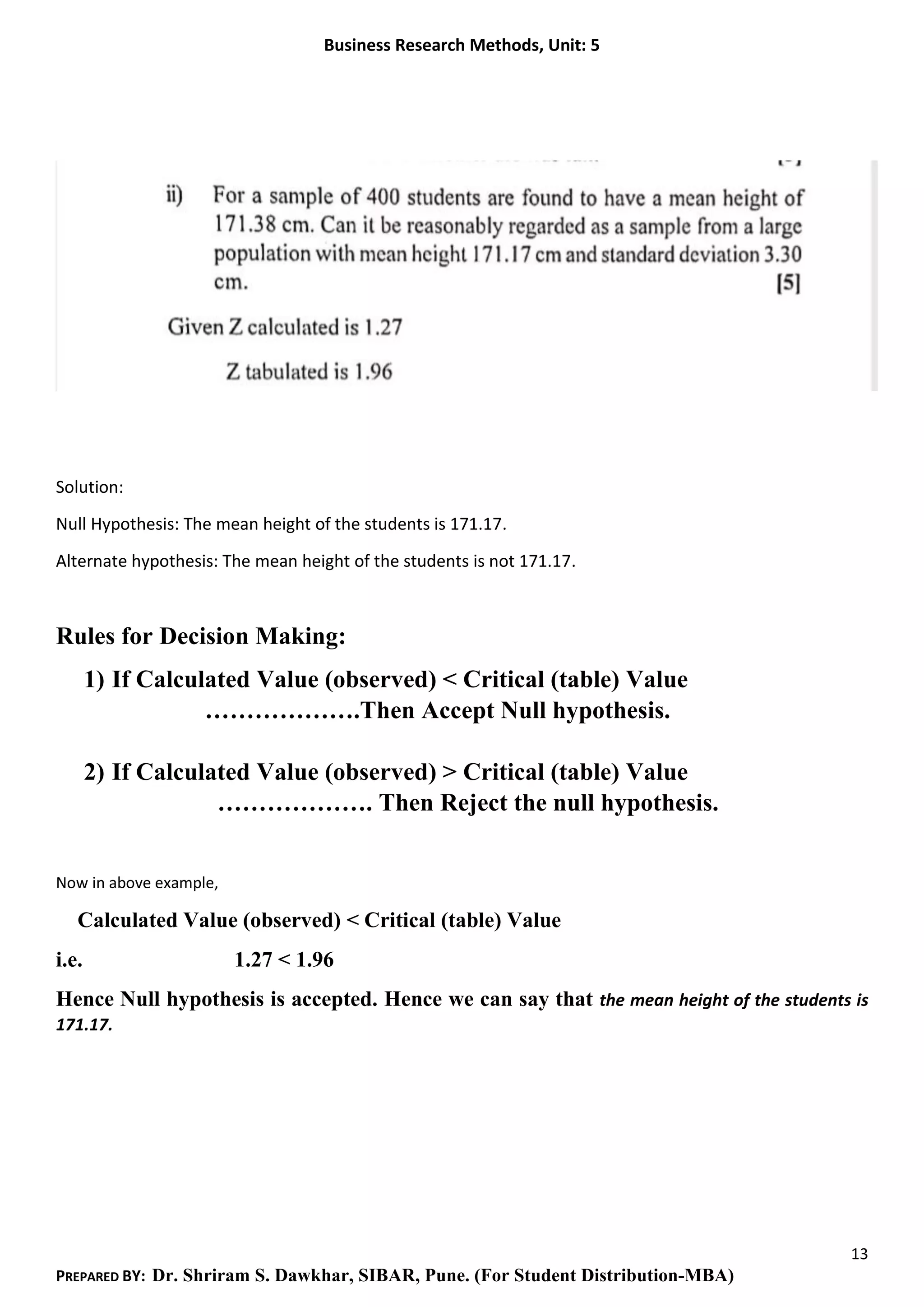 Business Research Methods, Unit: 5
13
PREPARED BY: Dr. Shriram S. Dawkhar, SIBAR, Pune. (For Student Distribution-MBA)
Solution:
Null Hypothesis: The mean height of the students is 171.17.
Alternate hypothesis: The mean height of the students is not 171.17.
Rules for Decision Making:
1) If Calculated Value (observed) < Critical (table) Value
……………….Then Accept Null hypothesis.
2) If Calculated Value (observed) > Critical (table) Value
………………. Then Reject the null hypothesis.
Now in above example,
Calculated Value (observed) < Critical (table) Value
i.e. 1.27 < 1.96
Hence Null hypothesis is accepted. Hence we can say that the mean height of the students is
171.17.
 