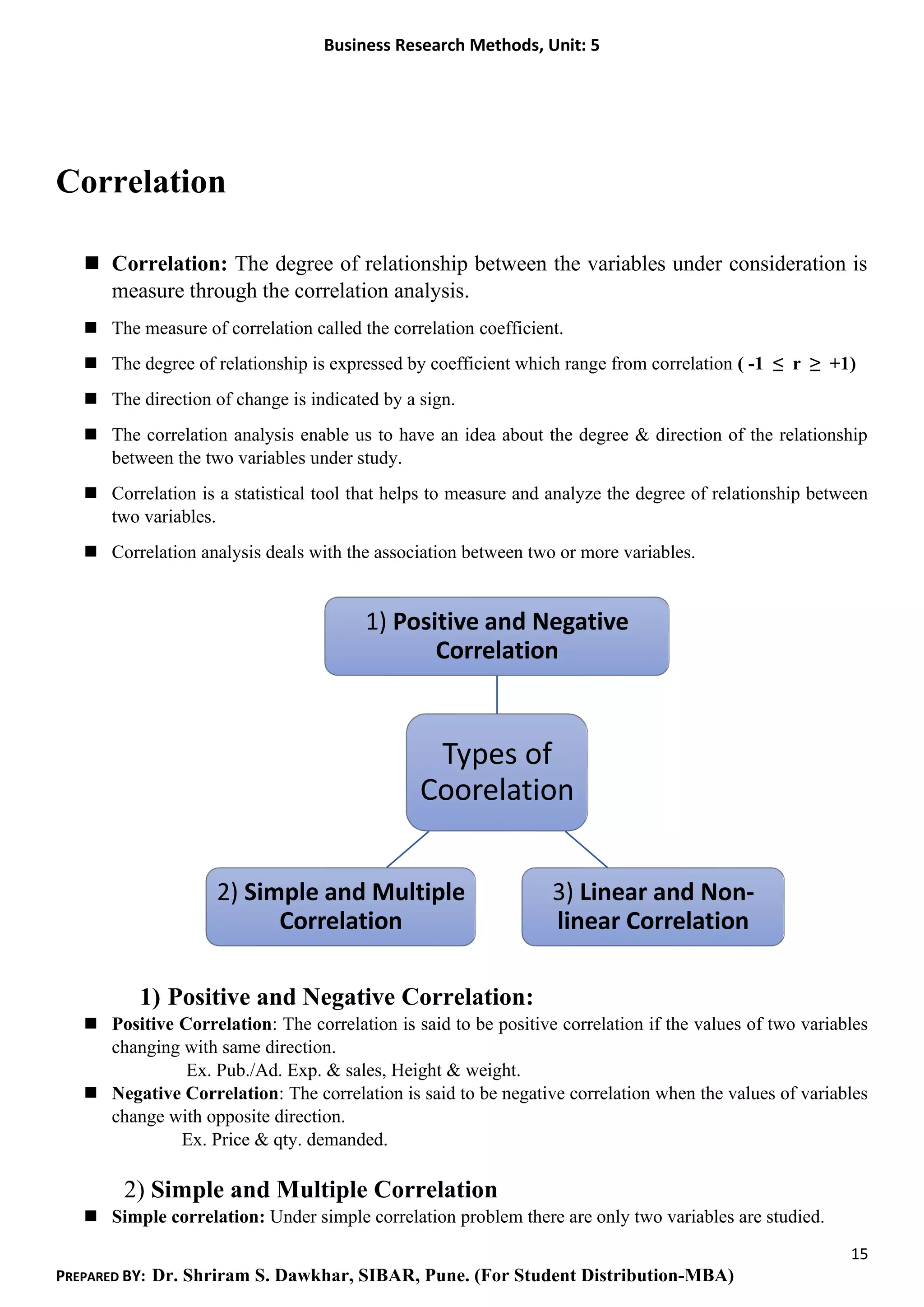 Business Research Methods, Unit: 5
15
PREPARED BY: Dr. Shriram S. Dawkhar, SIBAR, Pune. (For Student Distribution-MBA)
Correlation
◼ Correlation: The degree of relationship between the variables under consideration is
measure through the correlation analysis.
◼ The measure of correlation called the correlation coefficient.
◼ The degree of relationship is expressed by coefficient which range from correlation ( -1 ≤ r ≥ +1)
◼ The direction of change is indicated by a sign.
◼ The correlation analysis enable us to have an idea about the degree & direction of the relationship
between the two variables under study.
◼ Correlation is a statistical tool that helps to measure and analyze the degree of relationship between
two variables.
◼ Correlation analysis deals with the association between two or more variables.
1) Positive and Negative Correlation:
◼ Positive Correlation: The correlation is said to be positive correlation if the values of two variables
changing with same direction.
Ex. Pub./Ad. Exp. & sales, Height & weight.
◼ Negative Correlation: The correlation is said to be negative correlation when the values of variables
change with opposite direction.
Ex. Price & qty. demanded.
2) Simple and Multiple Correlation
◼ Simple correlation: Under simple correlation problem there are only two variables are studied.
Types of
Coorelation
1) Positive and Negative
Correlation
3) Linear and Non-
linear Correlation
2) Simple and Multiple
Correlation
 