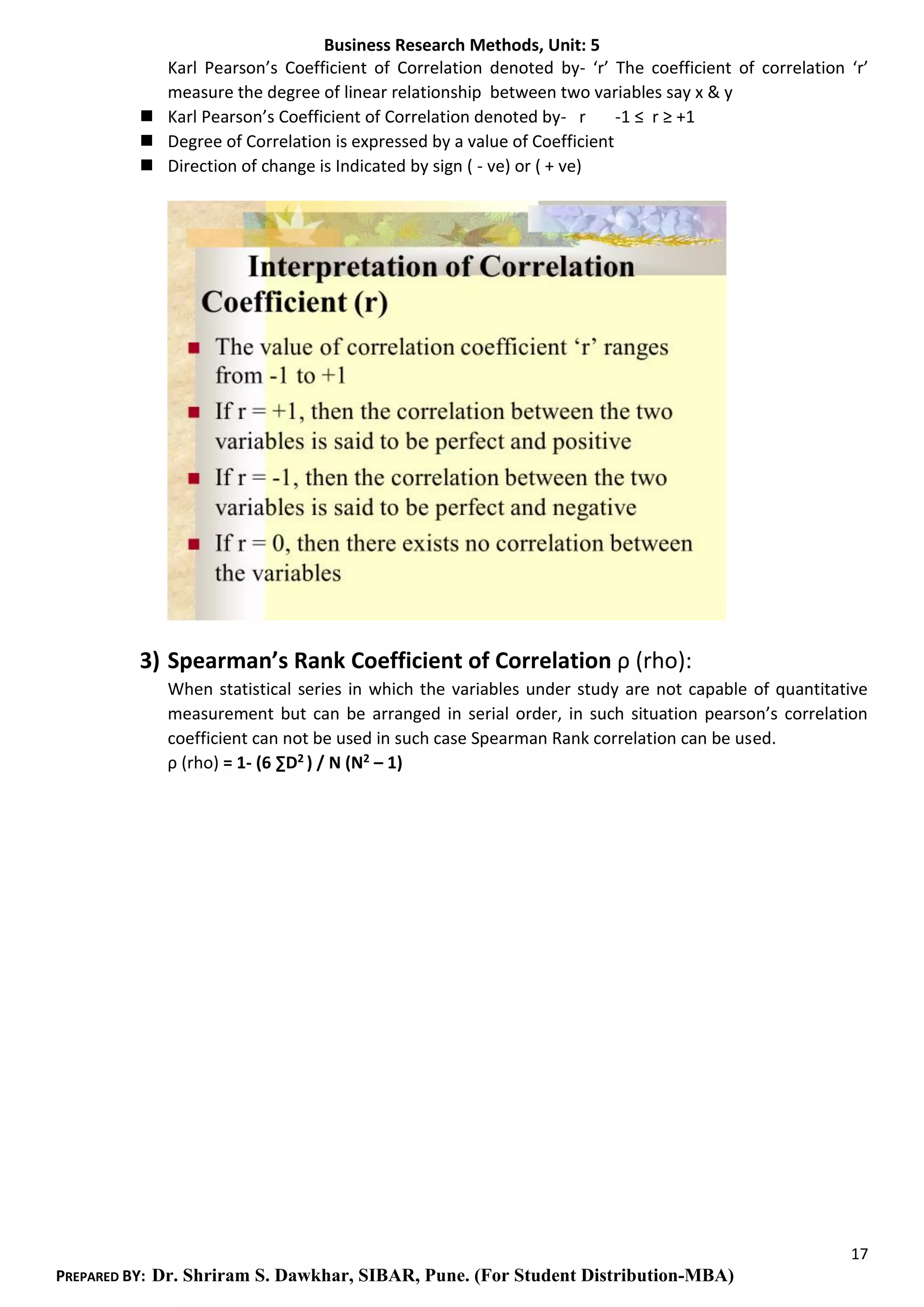 Business Research Methods, Unit: 5
17
PREPARED BY: Dr. Shriram S. Dawkhar, SIBAR, Pune. (For Student Distribution-MBA)
Karl Pearson’s Coefficient of Correlation denoted by- ‘r’ The coefficient of correlation ‘r’
measure the degree of linear relationship between two variables say x & y
◼ Karl Pearson’s Coefficient of Correlation denoted by- r -1 ≤ r ≥ +1
◼ Degree of Correlation is expressed by a value of Coefficient
◼ Direction of change is Indicated by sign ( - ve) or ( + ve)
3) Spearman’s Rank Coefficient of Correlation ρ (rho):
When statistical series in which the variables under study are not capable of quantitative
measurement but can be arranged in serial order, in such situation pearson’s correlation
coefficient can not be used in such case Spearman Rank correlation can be used.
ρ (rho) = 1- (6 ∑D2 ) / N (N2 – 1)
 