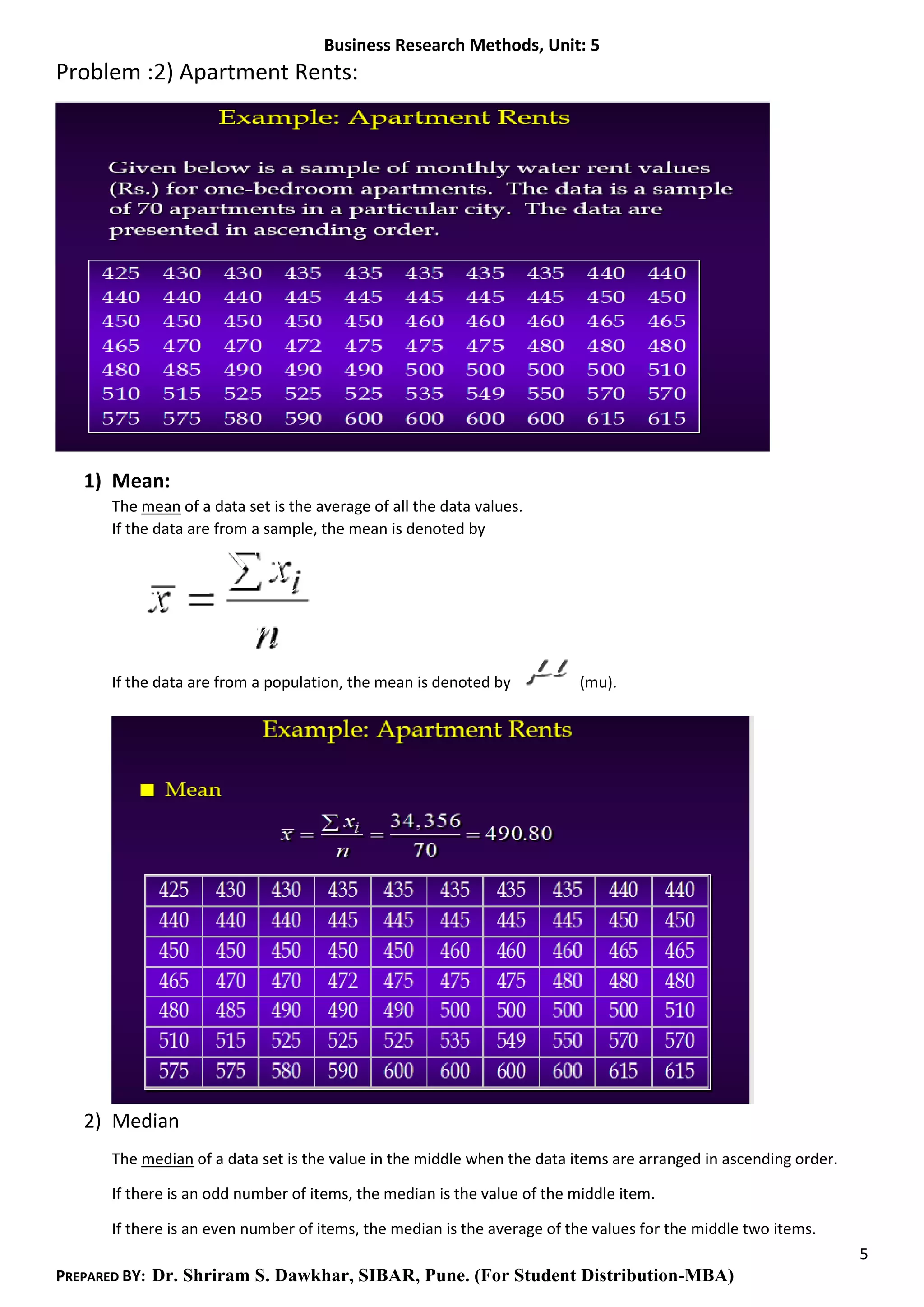 Business Research Methods, Unit: 5
5
PREPARED BY: Dr. Shriram S. Dawkhar, SIBAR, Pune. (For Student Distribution-MBA)
Problem :2) Apartment Rents:
1) Mean:
The mean of a data set is the average of all the data values.
If the data are from a sample, the mean is denoted by
x
x
n
i=

If the data are from a population, the mean is denoted by
 (mu).
2) Median
The median of a data set is the value in the middle when the data items are arranged in ascending order.
If there is an odd number of items, the median is the value of the middle item.
If there is an even number of items, the median is the average of the values for the middle two items.
 