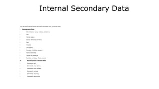 Internal Secondary Data
Type of individual/Household level data available from syndicate firms
I. Demographic Data
• Identification-name, address, telephone
• Sex
• Marital status
• Names of family members
• Age
• Income
• Occupation
• Number of children present
• Home ownership
• Length of residence
• Number and make of cars owned
II. Psychographic Lifestyle Data
• Interest in golf
• Interest in snow skiing
• Interest in book reading
• Interest in running
• Interest in bicycling
• Interest in electronics
 