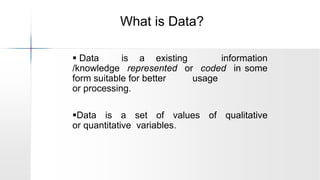 What is Data?
 Data is a existing information
/knowledge represented or coded in some
form suitable for better usage
or processing.
Data is a set of values of qualitative
or quantitative variables.
 