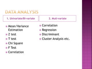 1. Univariate/Bi-variate 2. Muti-variate
 Mean/Variance
Estimation
 Z test
 T test
 Chi Square
 F Test
 Correlation
 Correlation
 Regression
 Discriminant
 Cluster Analysis etc.
 