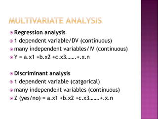  Regression analysis
 1 dependent variable/DV (continuous)
 many independent variables/IV (continuous)
 Y = a.x1 +b.x2 +c.x3…….+.x.n
 Discriminant analysis
 1 dependent variable (catgorical)
 many independent variables (continuous)
 Z (yes/no) = a.x1 +b.x2 +c.x3…….+.x.n
 