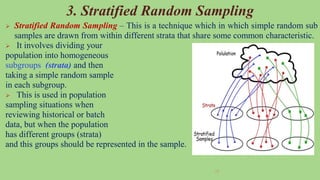 38
3. Stratified Random Sampling
 Stratified Random Sampling – This is a technique which in which simple random sub
samples are drawn from within different strata that share some common characteristic.
 It involves dividing your
population into homogeneous
subgroups (strata) and then
taking a simple random sample
in each subgroup.
 This is used in population
sampling situations when
reviewing historical or batch
data, but when the population
has different groups (strata)
and this groups should be represented in the sample.
 