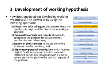 3. Development of working hypothesis
• How does one go about developing working
hypotheses? The answer is by using the
following approach:
(a) Discussions with colleagues and experts about the
problem, its origin and the objectives in seeking a
solution;
(b) Examination of data and records, if available,
concerning the problem for possible trends,
peculiarities and other clues;
(c) Review of similar studies in the area or of the
studies on similar problems; and
(d) Exploratory personal investigation which involves
original field interviews on a limited scale with
interested parties and individuals with a view to
secure greater insight into the practical aspects of
the problem.
1.Formulating the Research Problem
2.Review of Literature
3.Development of Working Hypothesis
4.Preparing Research Design
5.Determining Sample Design
6.Collection of Data
7. Execution of the Project
8.Analysis of Data
9.Hypothesis Testing
10. Generalization and Interpretation of
Data
11. Preparation of the Report
 