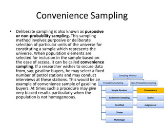 Convenience Sampling
• Deliberate sampling is also known as purposive
or non-probability sampling. This sampling
method involves purposive or deliberate
selection of particular units of the universe for
constituting a sample which represents the
universe. When population elements are
selected for inclusion in the sample based on
the ease of access, it can be called convenience
sampling. If a researcher wishes to secure data
from, say, gasoline buyers, he may select a fixed
number of petrol stations and may conduct
interviews at these stations. This would be an
example of convenience sample of gasoline
buyers. At times such a procedure may give
very biased results particularly when the
population is not homogeneous.
Sampling Method
Probability Sampling
Simple Random
Systematic Sampling
Stratified
Cluster
Multistage
Non-Probability Sampling
Convenience
Quota
Judgmental
 