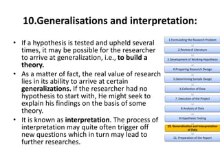 10.Generalisations and interpretation:
• If a hypothesis is tested and upheld several
times, it may be possible for the researcher
to arrive at generalization, i.e., to build a
theory.
• As a matter of fact, the real value of research
lies in its ability to arrive at certain
generalizations. If the researcher had no
hypothesis to start with, He might seek to
explain his findings on the basis of some
theory.
• It is known as interpretation. The process of
interpretation may quite often trigger off
new questions which in turn may lead to
further researches.
1.Formulating the Research Problem
2.Review of Literature
3.Development of Working Hypothesis
4.Preparing Research Design
5.Determining Sample Design
6.Collection of Data
7. Execution of the Project
8.Analysis of Data
9.Hypothesis Testing
10. Generalization and Interpretation
of Data
11. Preparation of the Report
 
