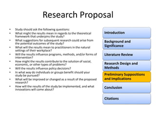 Research Proposal
• Study should ask the following questions:
• What might the results mean in regards to the theoretical
framework that underpins the study?
• What suggestions for subsequent research could arise from
the potential outcomes of the study?
• What will the results mean to practitioners in the natural
settings of their workplace?
• Will the results influence programs, methods, and/or forms of
intervention?
• How might the results contribute to the solution of social,
economic, or other types of problems?
• Will the results influence policy decisions?
• In what way do individuals or groups benefit should your
study be pursued?
• What will be improved or changed as a result of the proposed
research?
• How will the results of the study be implemented, and what
innovations will come about?
Introduction
Background and
Significance
Literature Review
Research Design and
Methods
Preliminary Suppositions
and Implications
Conclusion
Citations
 