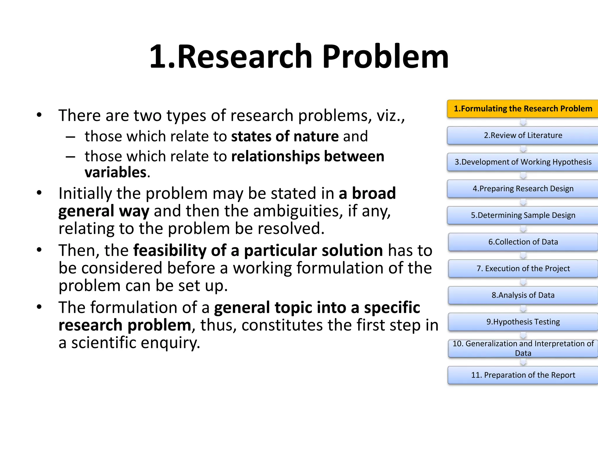 1.Research Problem
• There are two types of research problems, viz.,
– those which relate to states of nature and
– those which relate to relationships between
variables.
• Initially the problem may be stated in a broad
general way and then the ambiguities, if any,
relating to the problem be resolved.
• Then, the feasibility of a particular solution has to
be considered before a working formulation of the
problem can be set up.
• The formulation of a general topic into a specific
research problem, thus, constitutes the first step in
a scientific enquiry.
1.Formulating the Research Problem
2.Review of Literature
3.Development of Working Hypothesis
4.Preparing Research Design
5.Determining Sample Design
6.Collection of Data
7. Execution of the Project
8.Analysis of Data
9.Hypothesis Testing
10. Generalization and Interpretation of
Data
11. Preparation of the Report
 