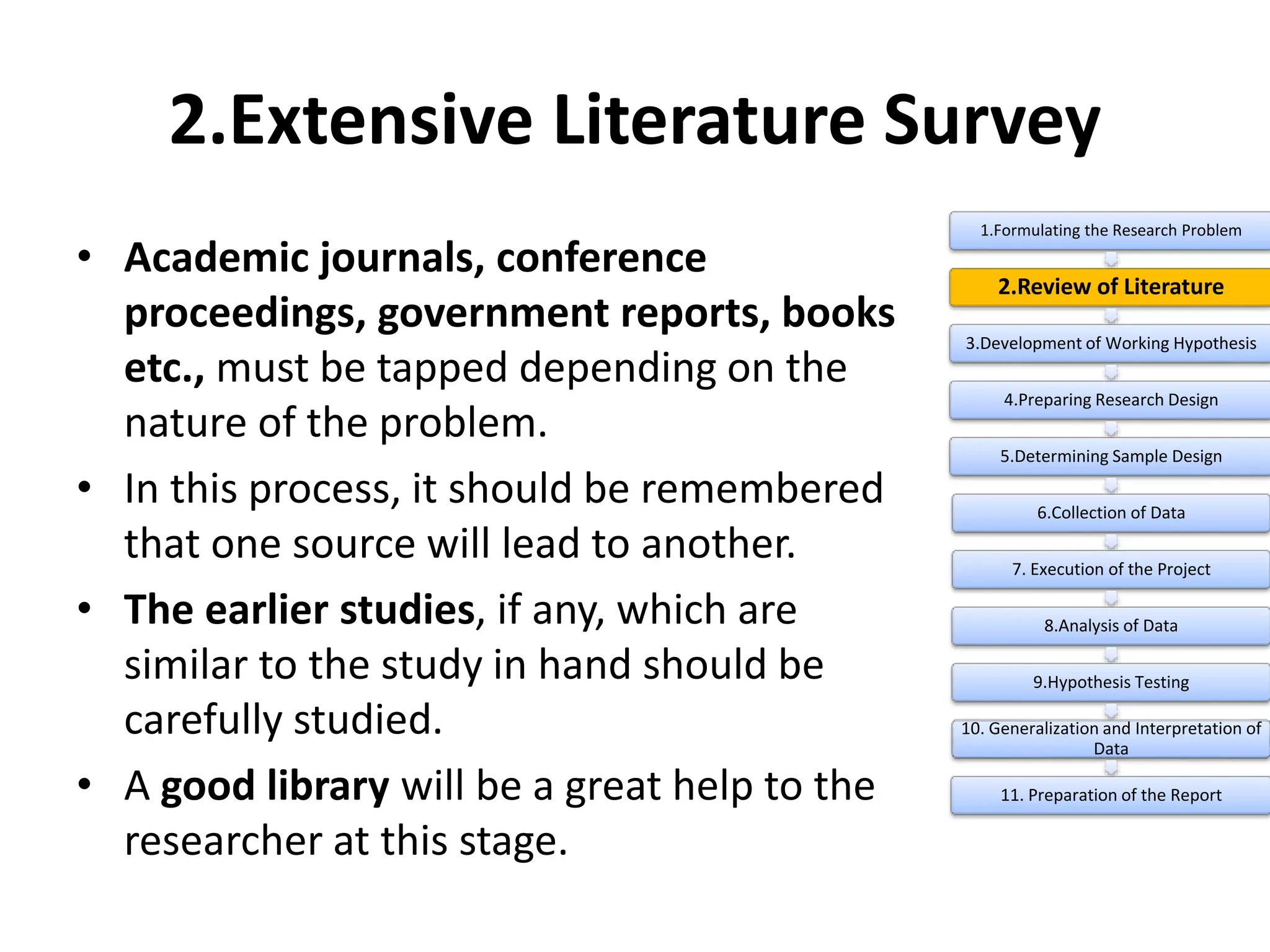 2.Extensive Literature Survey
• Academic journals, conference
proceedings, government reports, books
etc., must be tapped depending on the
nature of the problem.
• In this process, it should be remembered
that one source will lead to another.
• The earlier studies, if any, which are
similar to the study in hand should be
carefully studied.
• A good library will be a great help to the
researcher at this stage.
1.Formulating the Research Problem
2.Review of Literature
3.Development of Working Hypothesis
4.Preparing Research Design
5.Determining Sample Design
6.Collection of Data
7. Execution of the Project
8.Analysis of Data
9.Hypothesis Testing
10. Generalization and Interpretation of
Data
11. Preparation of the Report
 