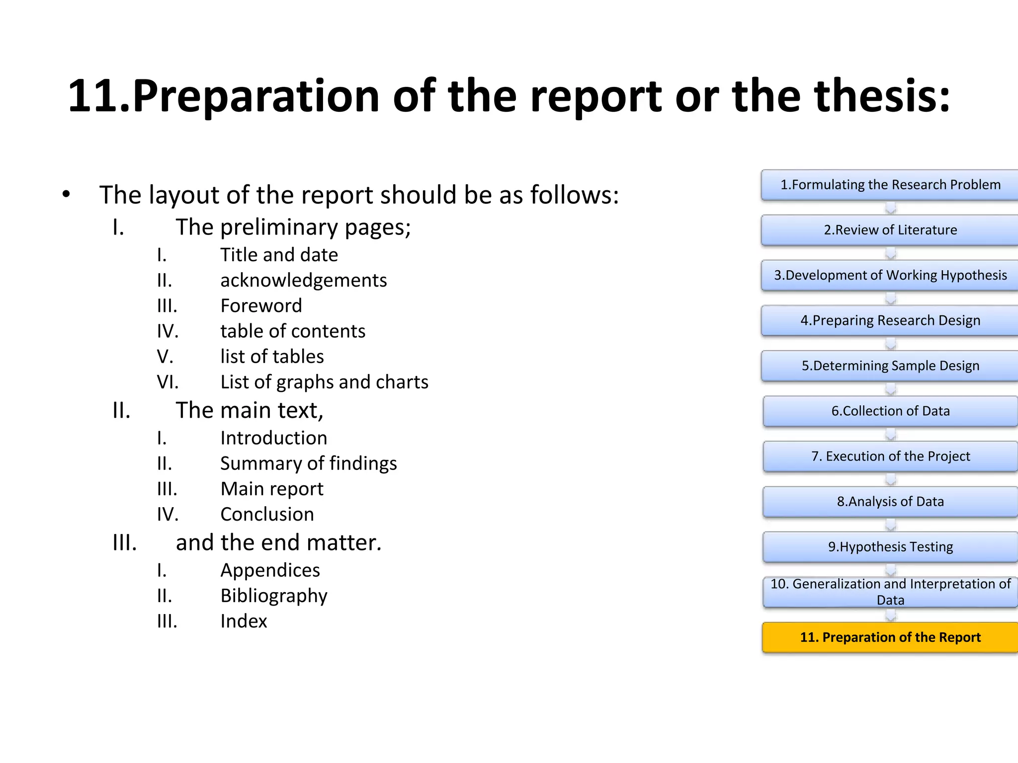 11.Preparation of the report or the thesis:
• The layout of the report should be as follows:
I. The preliminary pages;
I. Title and date
II. acknowledgements
III. Foreword
IV. table of contents
V. list of tables
VI. List of graphs and charts
II. The main text,
I. Introduction
II. Summary of findings
III. Main report
IV. Conclusion
III. and the end matter.
I. Appendices
II. Bibliography
III. Index
1.Formulating the Research Problem
2.Review of Literature
3.Development of Working Hypothesis
4.Preparing Research Design
5.Determining Sample Design
6.Collection of Data
7. Execution of the Project
8.Analysis of Data
9.Hypothesis Testing
10. Generalization and Interpretation of
Data
11. Preparation of the Report
 