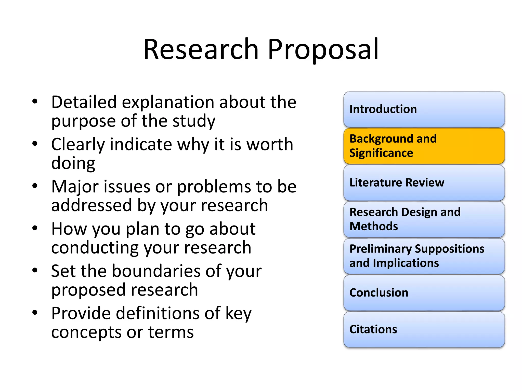 Research Proposal
• Detailed explanation about the
purpose of the study
• Clearly indicate why it is worth
doing
• Major issues or problems to be
addressed by your research
• How you plan to go about
conducting your research
• Set the boundaries of your
proposed research
• Provide definitions of key
concepts or terms
Introduction
Background and
Significance
Literature Review
Research Design and
Methods
Preliminary Suppositions
and Implications
Conclusion
Citations
 